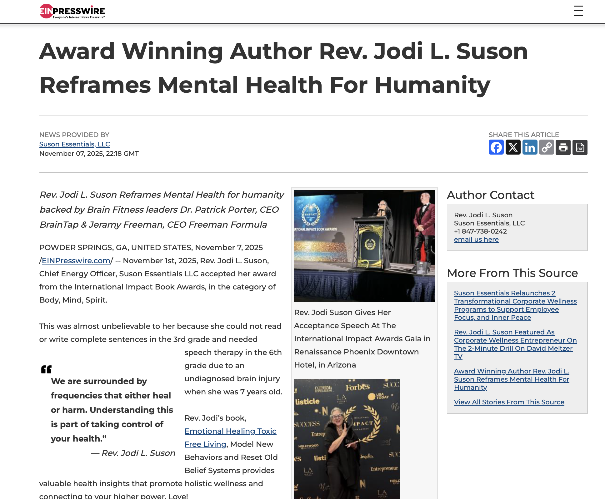 Award Winning Author Rev. Jodi L. Suson Reframes Mental Health For Humanity